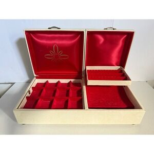 Vintage Lady Buxton Jewelry Box Cream Satin Red Lining Dual/ Hidden Compartment